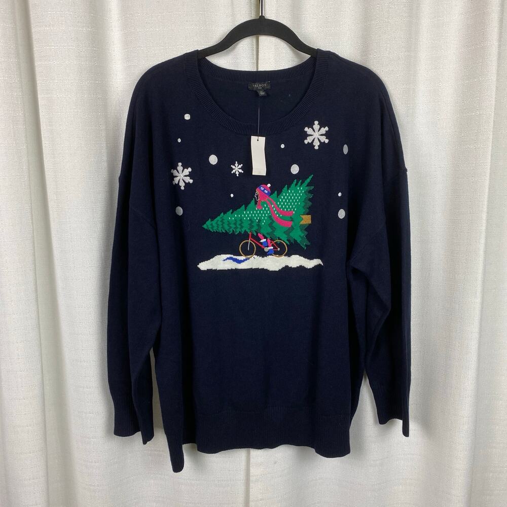 Talbots Dark Navy Blue Holiday Tree&Snowflake Crewneck Sweater Sz.2X NWT - Picture 2 of 13